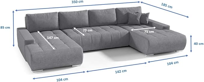 BELUTI - Canapé d'angle panoramique en U Convertible. Tissu Design. Lit + Coffre de Rangement
