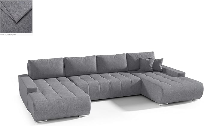 BELUTI - Canapé d'angle panoramique en U Convertible. Tissu Design. Lit + Coffre de Rangement