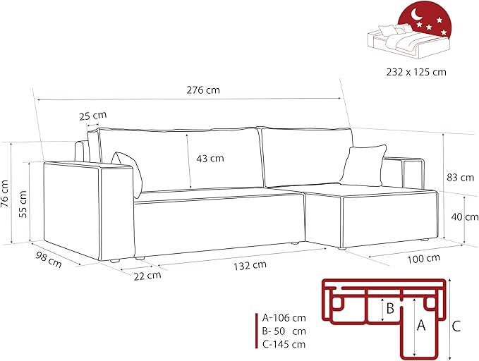 GREKPOL Canapé d'angle Convertible 276x145 Tissu Poso à Gauche ou à Droite - Sofa XL avec Espace de Rangement