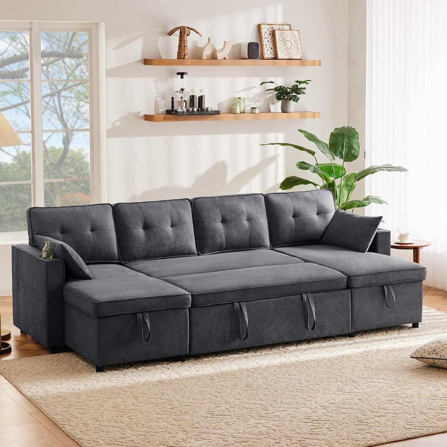 Zepneiy Canapé Convertible 4 Places en U avec Porte-Gobelets, Convertible avec Rangement