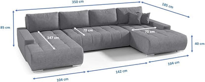 BELUTI - Canapé d'angle panoramique en U Convertible. Tissu Design. Lit + Coffre de Rangement