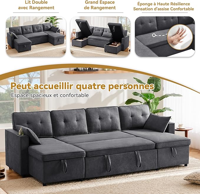 Zepneiy Canapé Convertible 4 Places en U avec Porte-Gobelets, Convertible avec Rangement