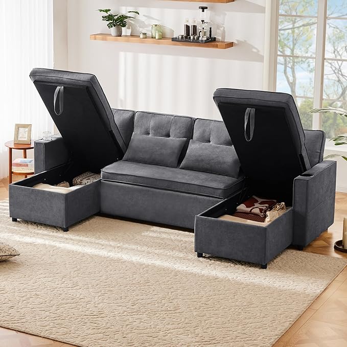 Zepneiy Canapé Convertible 4 Places en U avec Porte-Gobelets, Convertible avec Rangement
