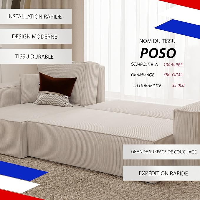 GREKPOL Canapé d'angle Convertible 244x145 Velours Côtelé - avec Espace de Rangement