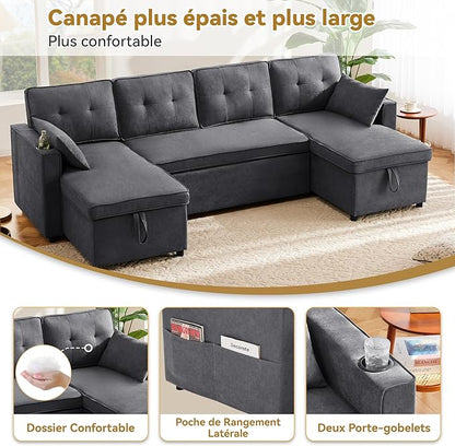 Zepneiy Canapé Convertible 4 Places en U avec Porte-Gobelets, Convertible avec Rangement
