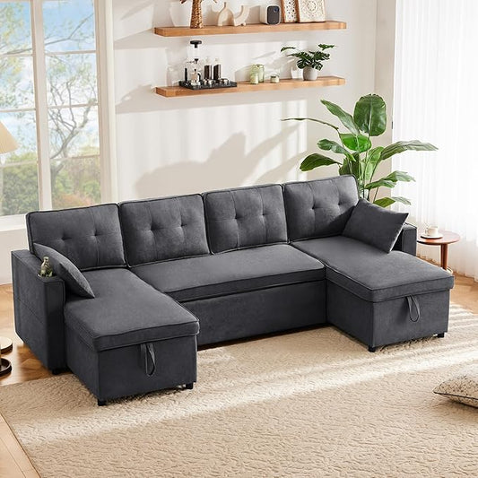 Zepneiy Canapé Convertible 4 Places en U avec Porte-Gobelets, Convertible avec Rangement