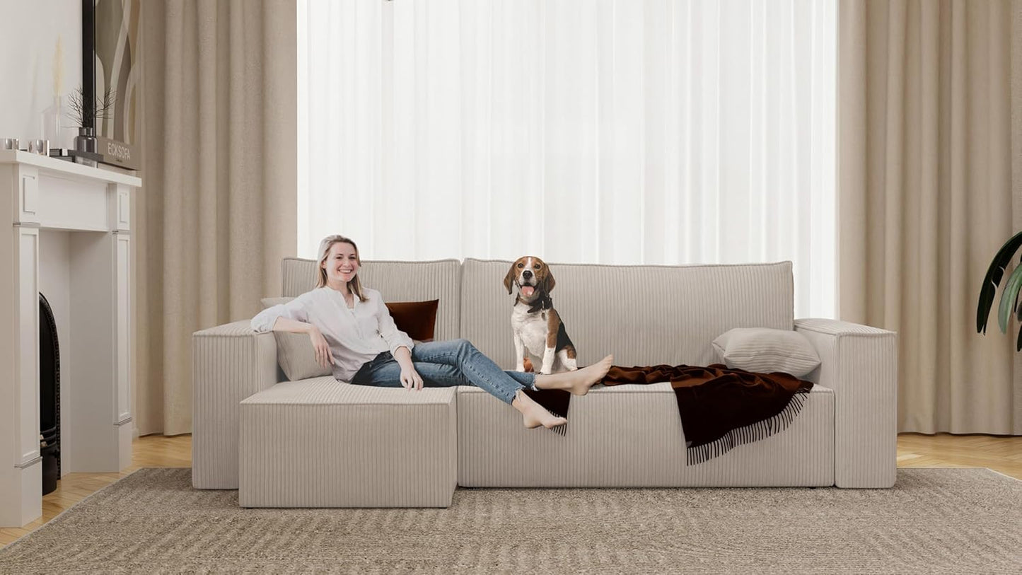 GREKPOL Canapé d'angle Convertible 244x145 Velours Côtelé - avec Espace de Rangement
